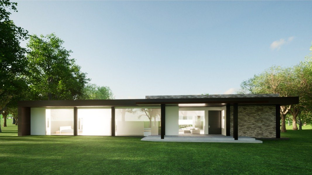 Renderización de una casa construida en un terreno plano con vegetación alrededor