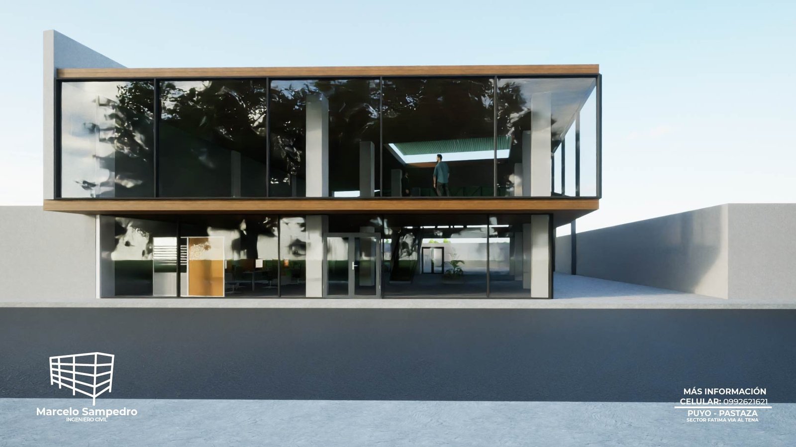 Renderización de una casa construida en un terreno plano con vegetación alrededor