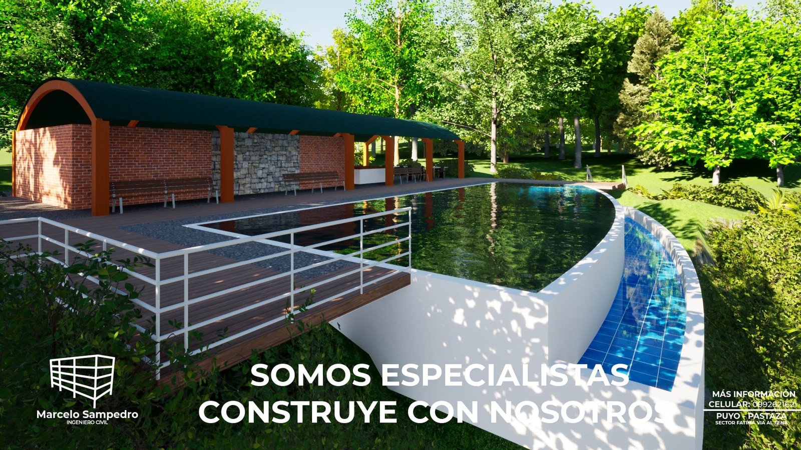 Renderización de una casa construida en un terreno plano con vegetación alrededor