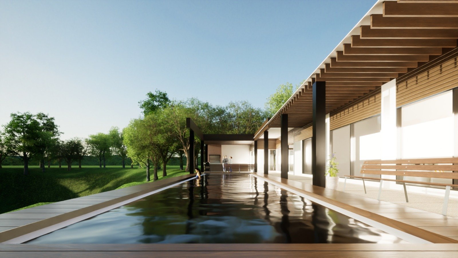 Renderización de una casa construida en un terreno plano con vegetación alrededor